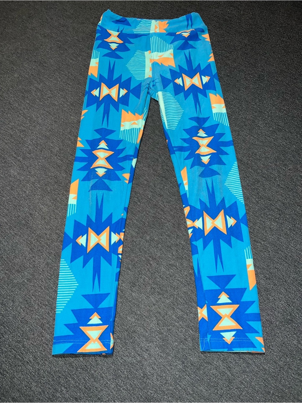 LuLaRoe Bright Blue Aztec Print Kids Leggings with Orange Accents